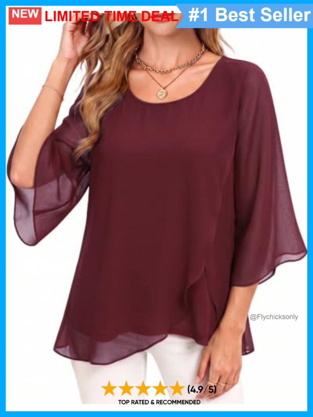 Womens Chiffon Blouse 3/4 Bell Sleeve Asymmetrical Dressy Casual Top